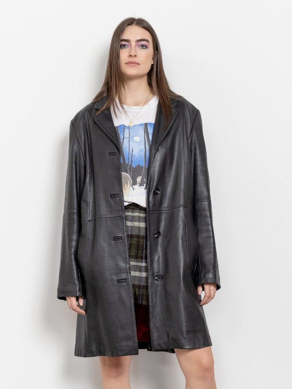 BLACK LEATHER TRENCH Vintage Midi Jacket Coat Blazer Woman 90's Oversize Medium